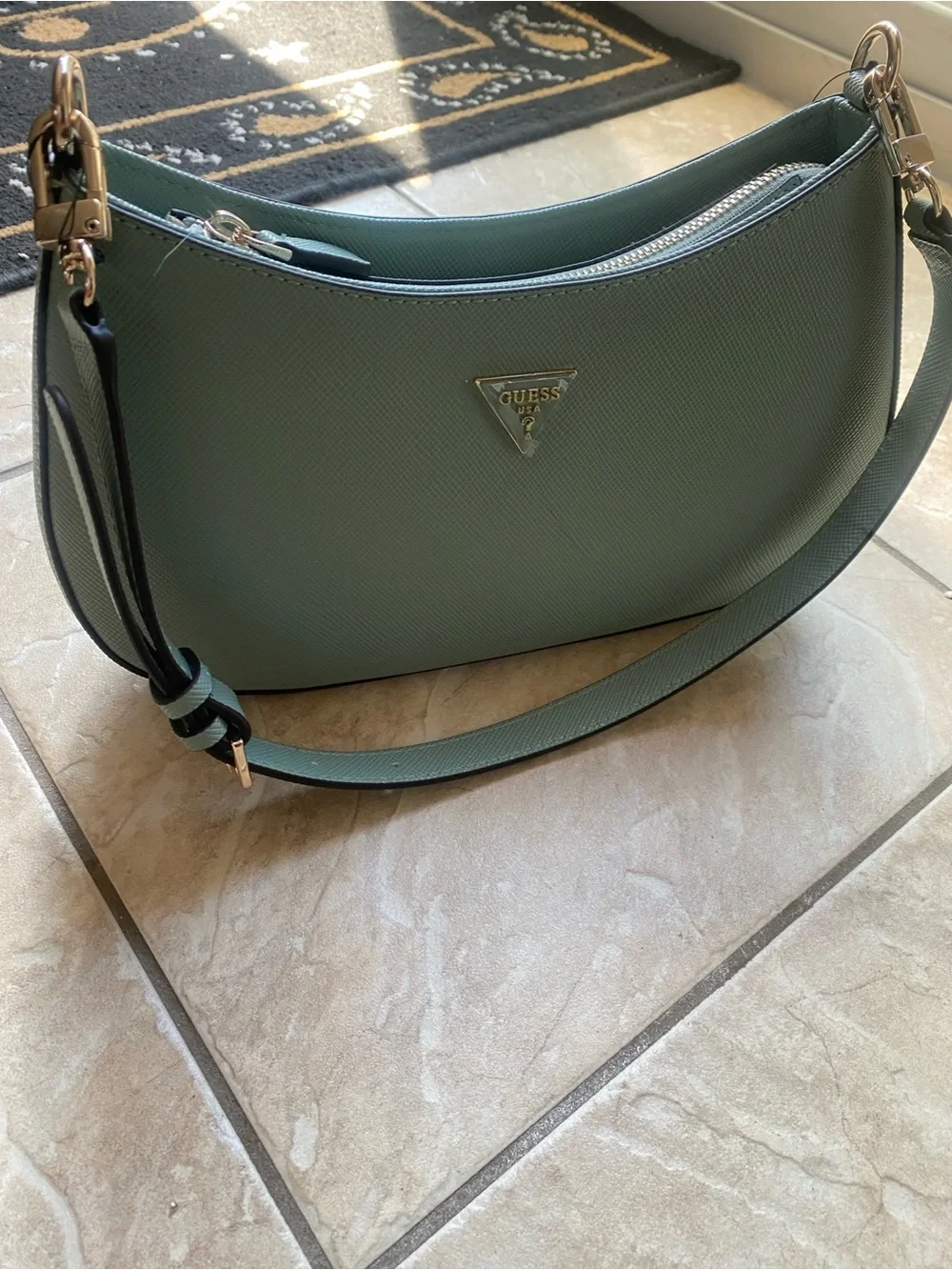 GUESS Sage Green Crescent Shoulder Bag with Silver Logo Beautiful color